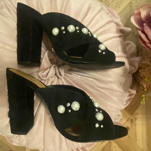 🎀 SCHUTZ Black heels Mules Pearls size 8 shoes - Picture 9 of 10
